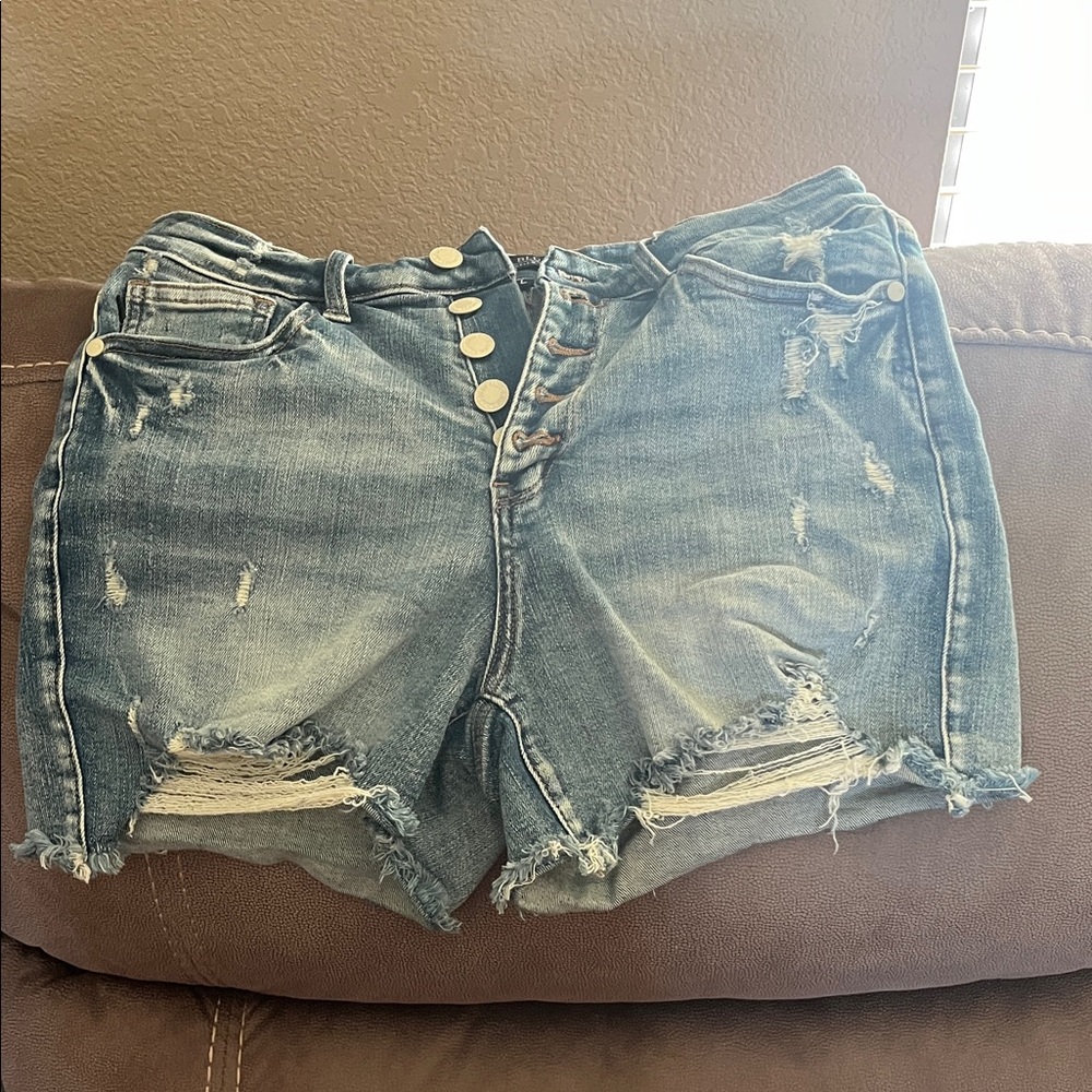 Judy Blue Light Blue Distressed Button-Fly Denim Shorts